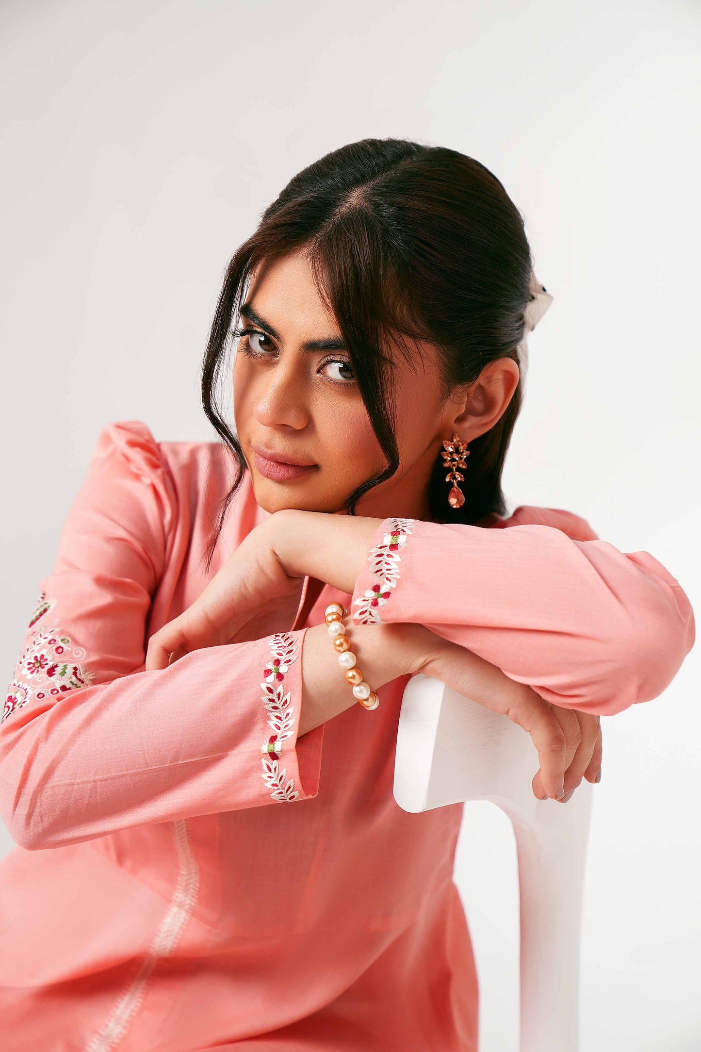 Peach Blossom Embroidered Long Kurta Set