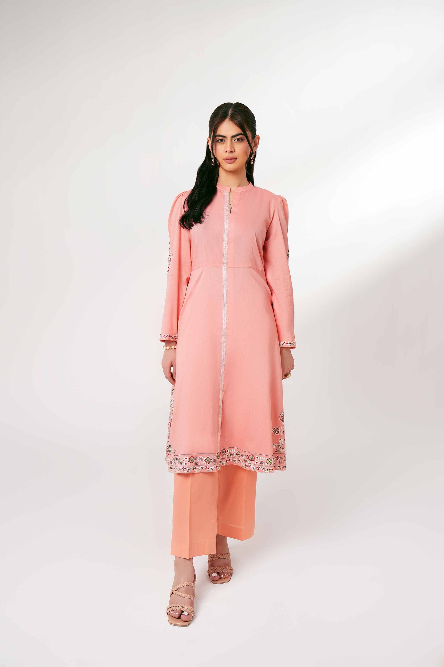 Peach Blossom Embroidered Long Kurta Set