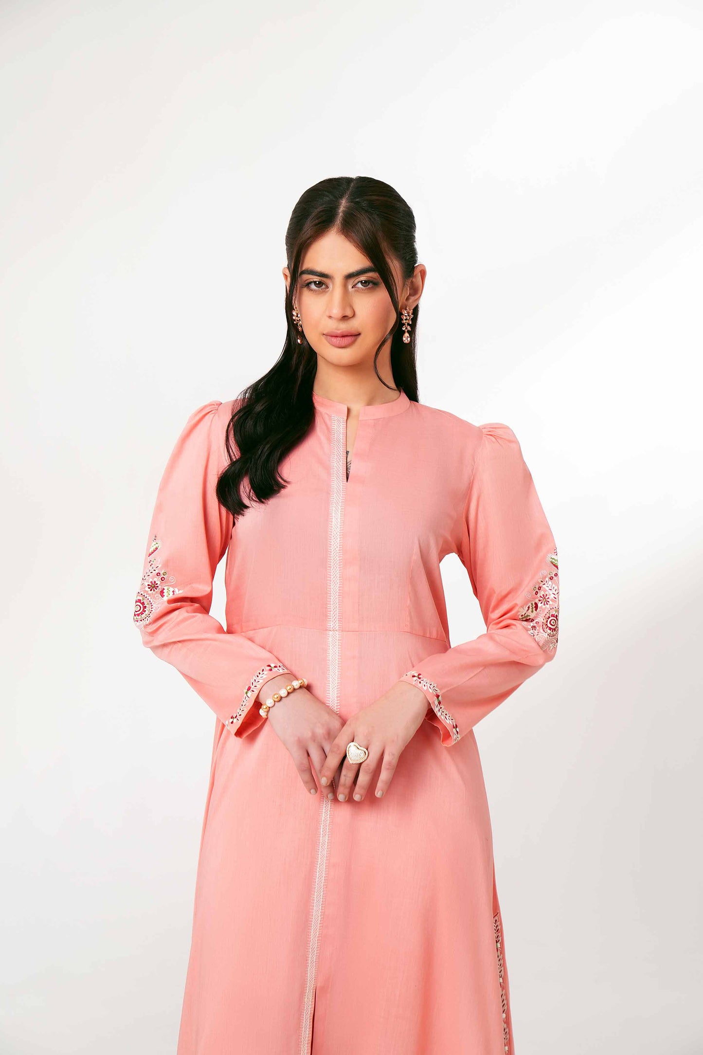 Peach Blossom Embroidered Long Kurta Set