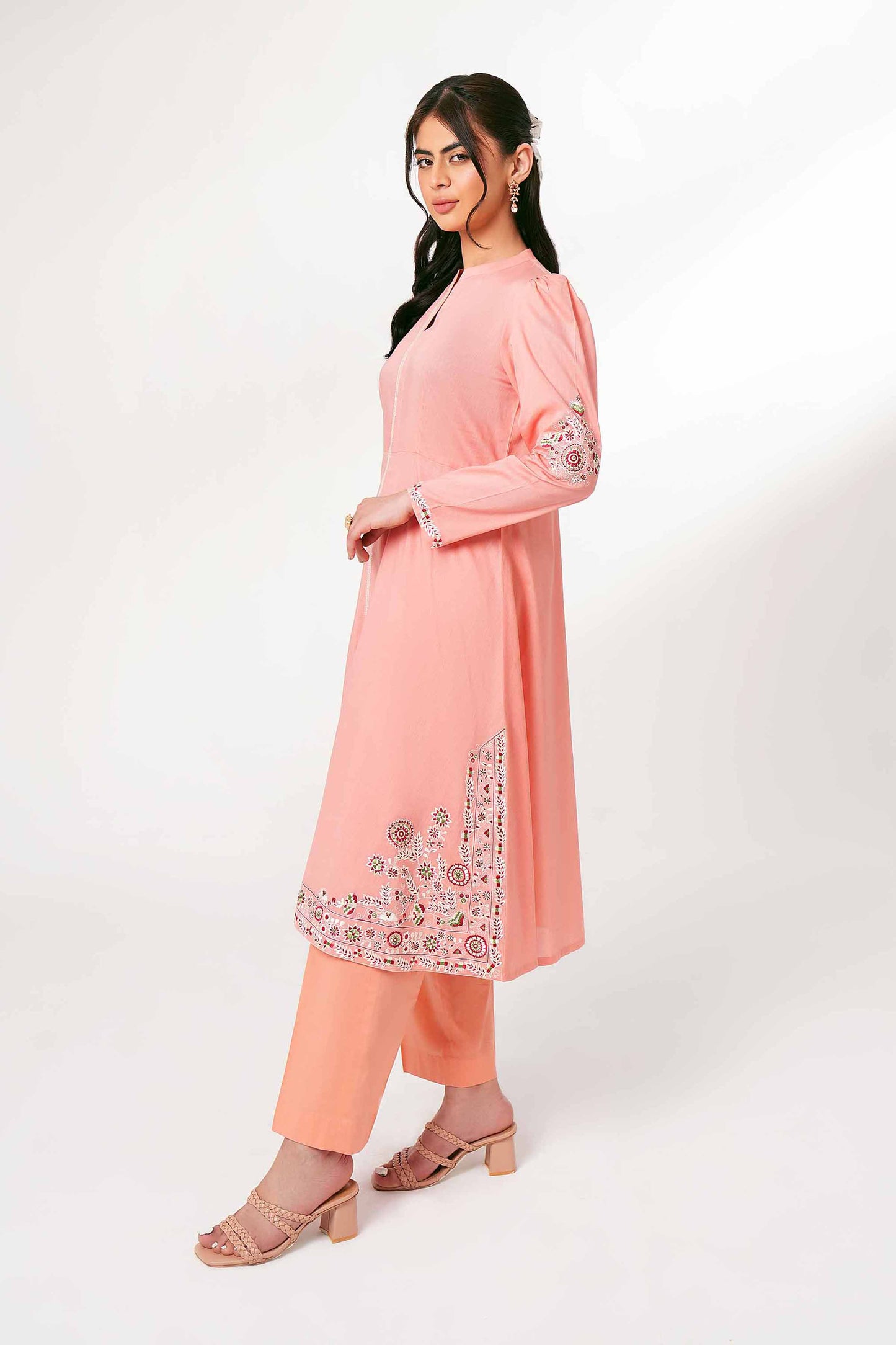 Peach Blossom Embroidered Long Kurta Set
