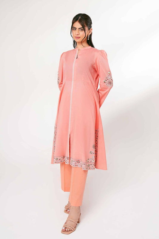Peach Blossom Embroidered Long Kurta Set