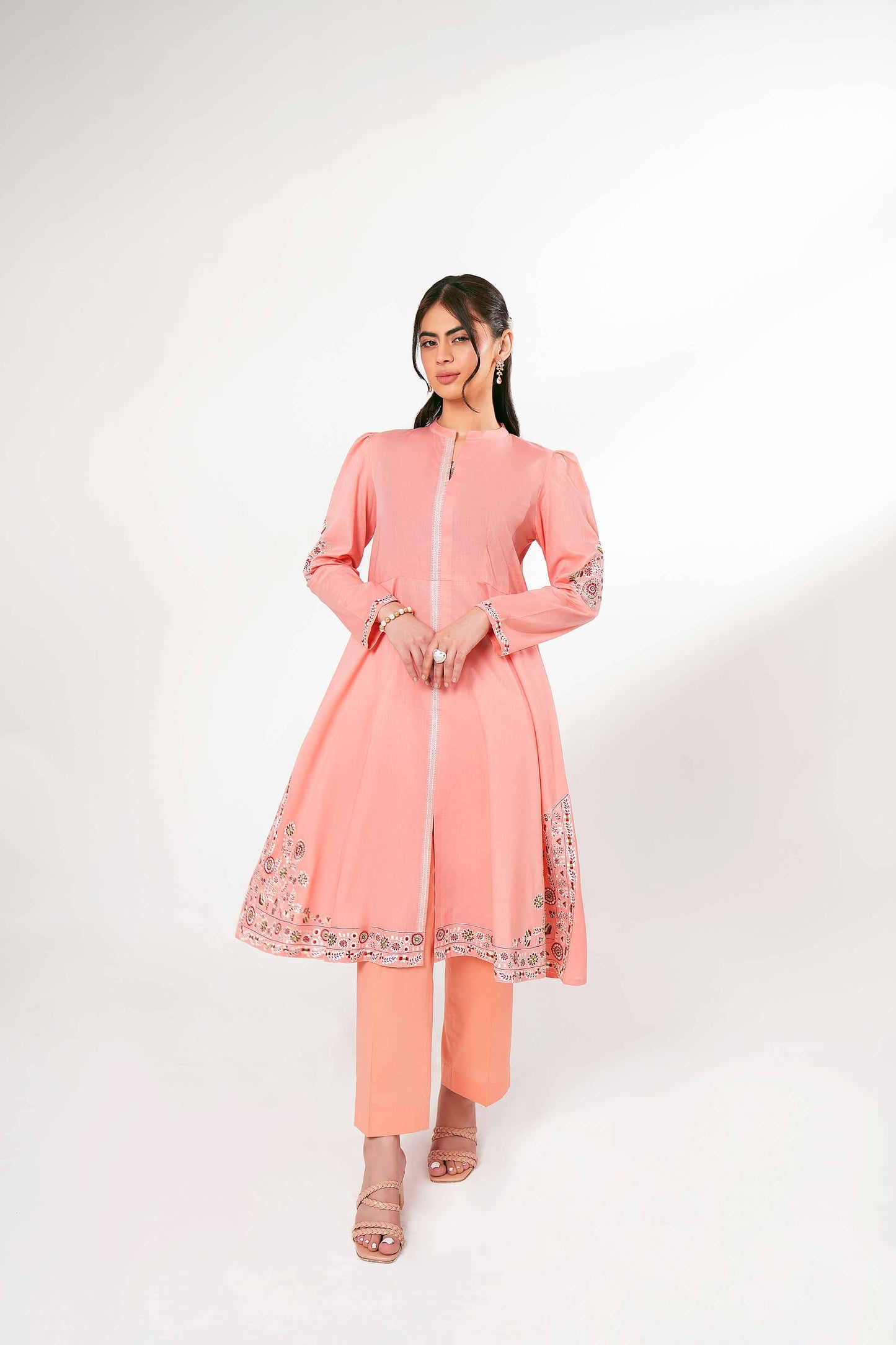 Peach Blossom Embroidered Long Kurta Set