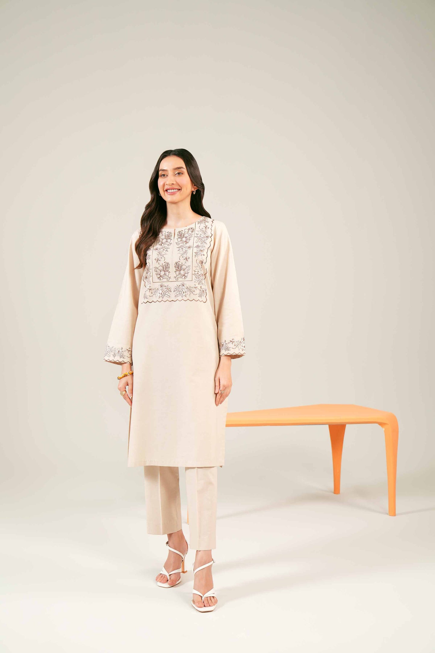 Ivory Elegance Embroidered Panel Kurta Set