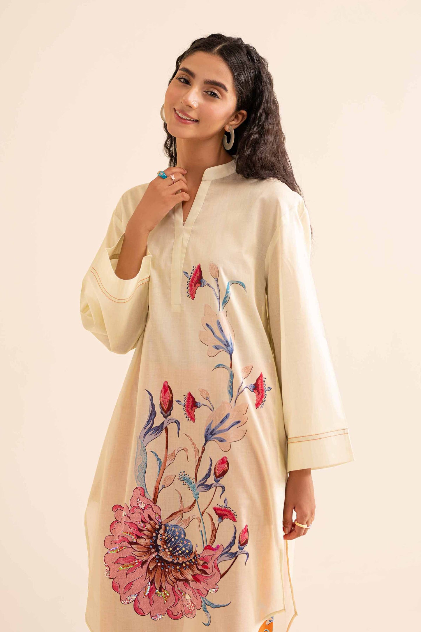 Ivory Kurta with Bold Pink Floral & Orange Pant Co-ord