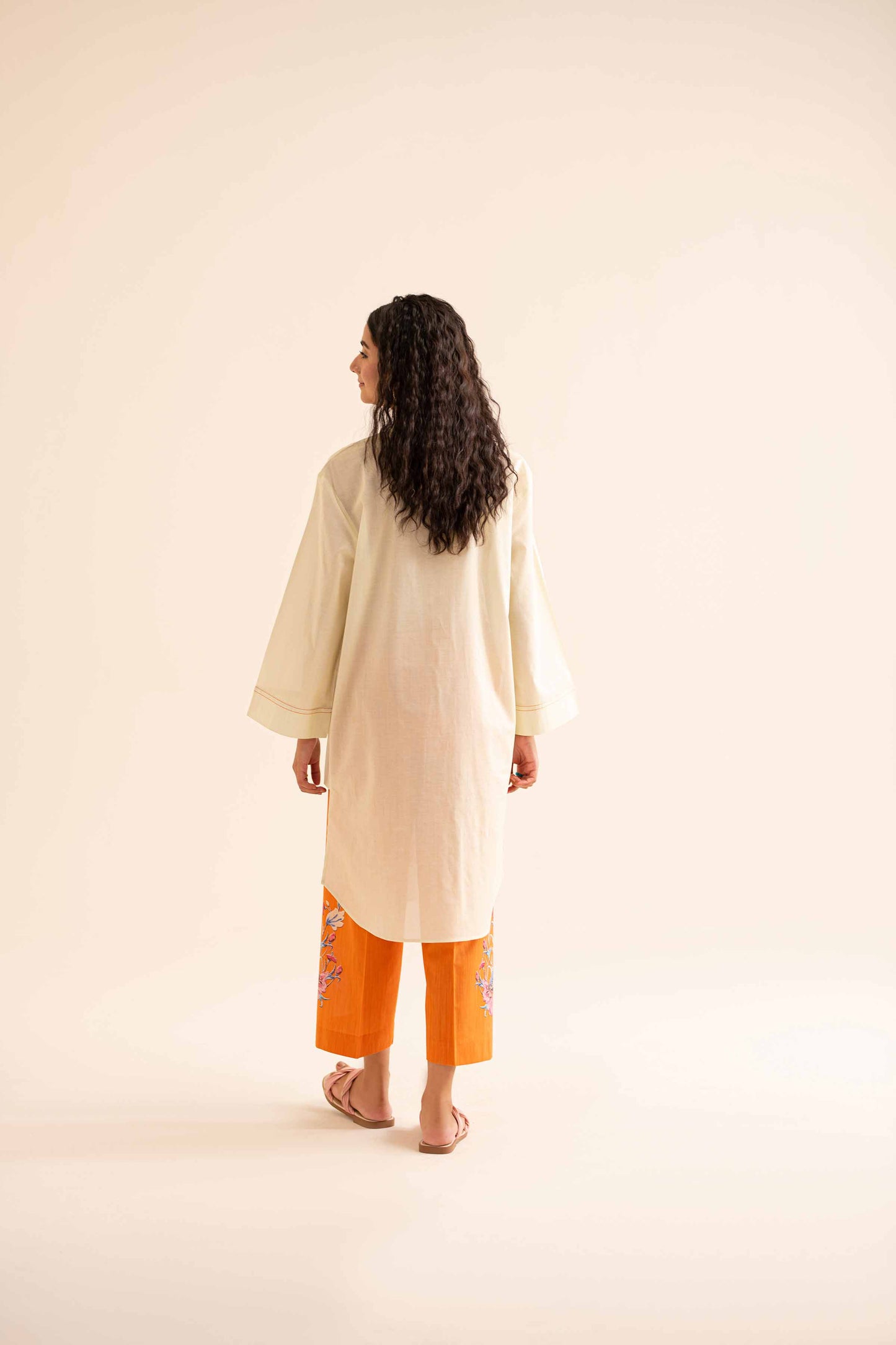 Ivory Kurta with Bold Pink Floral & Orange Pant Co-ord