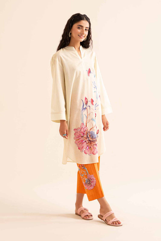 Ivory Kurta with Bold Pink Floral & Orange Pant Co-ord