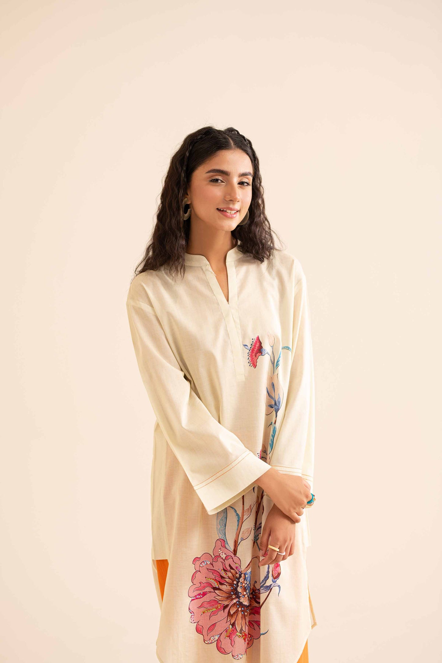 Ivory Kurta with Bold Pink Floral & Orange Pant Co-ord