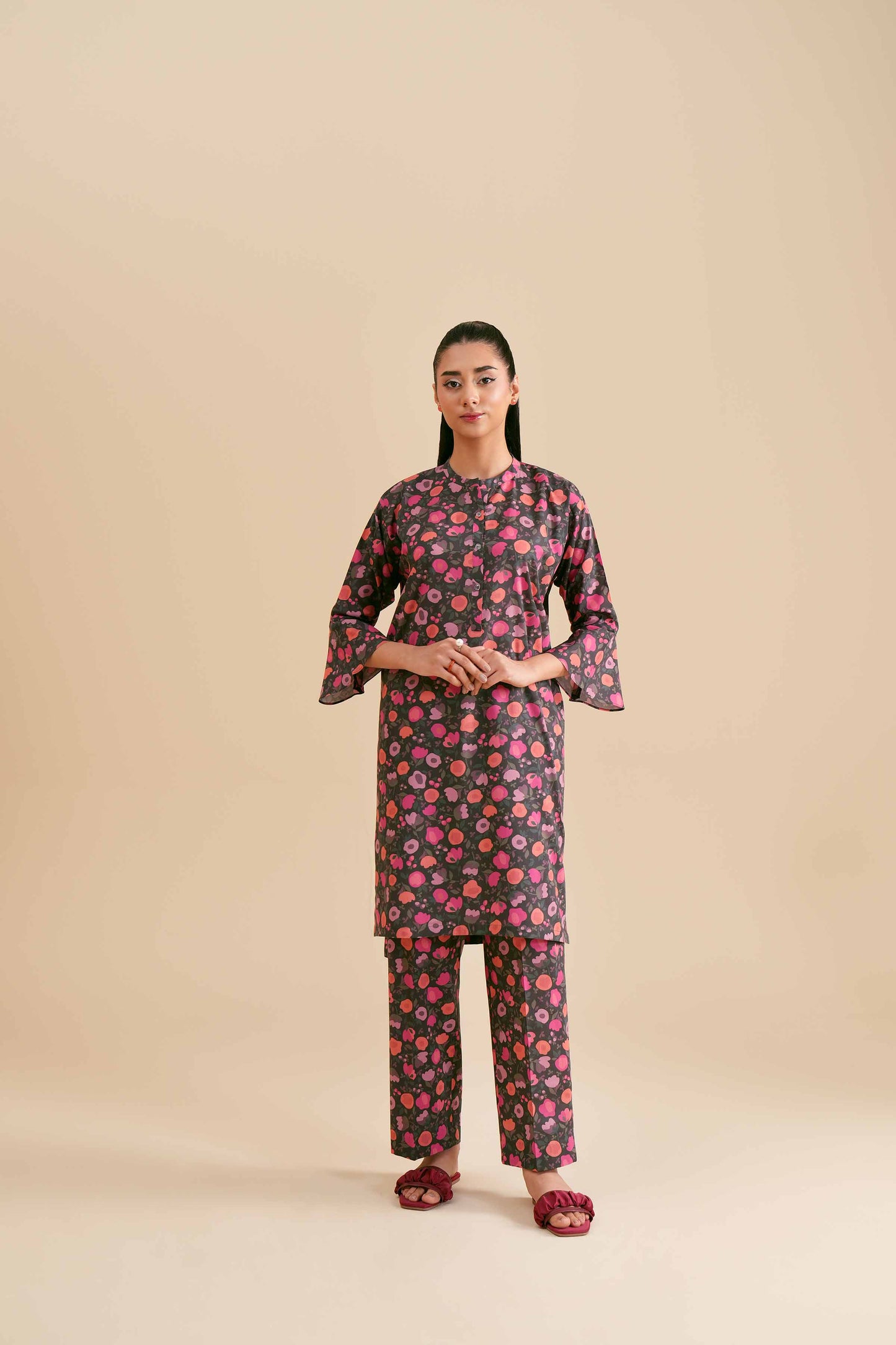 Dark Base Pink Bloom Print Kurta & Pant Co-ord