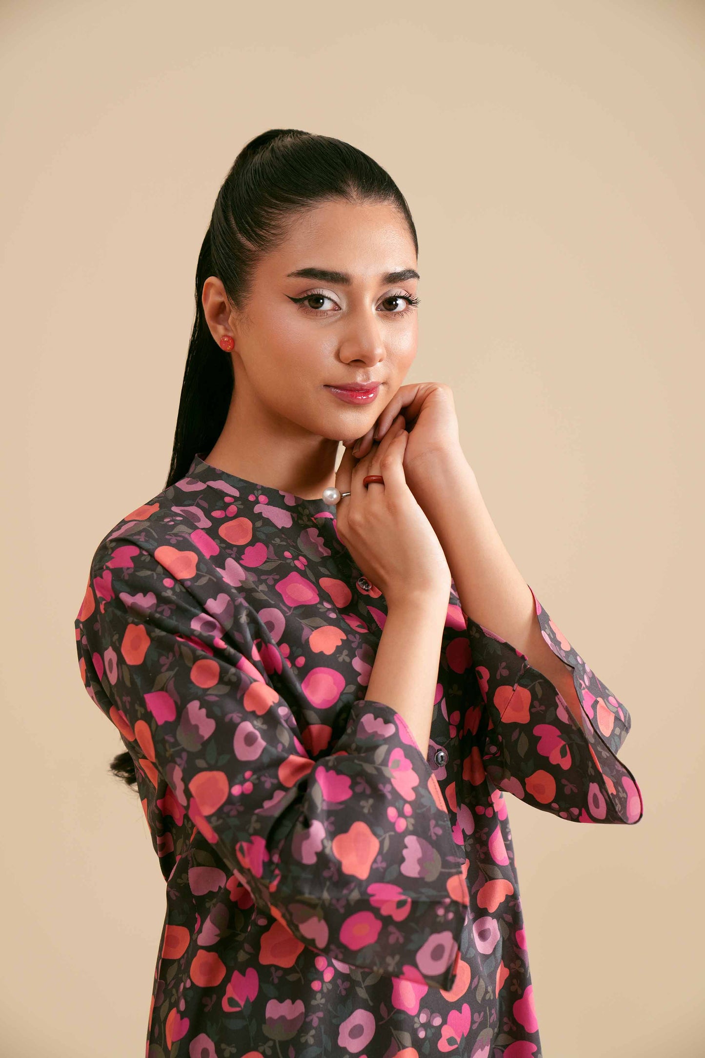 Dark Base Pink Bloom Print Kurta & Pant Co-ord