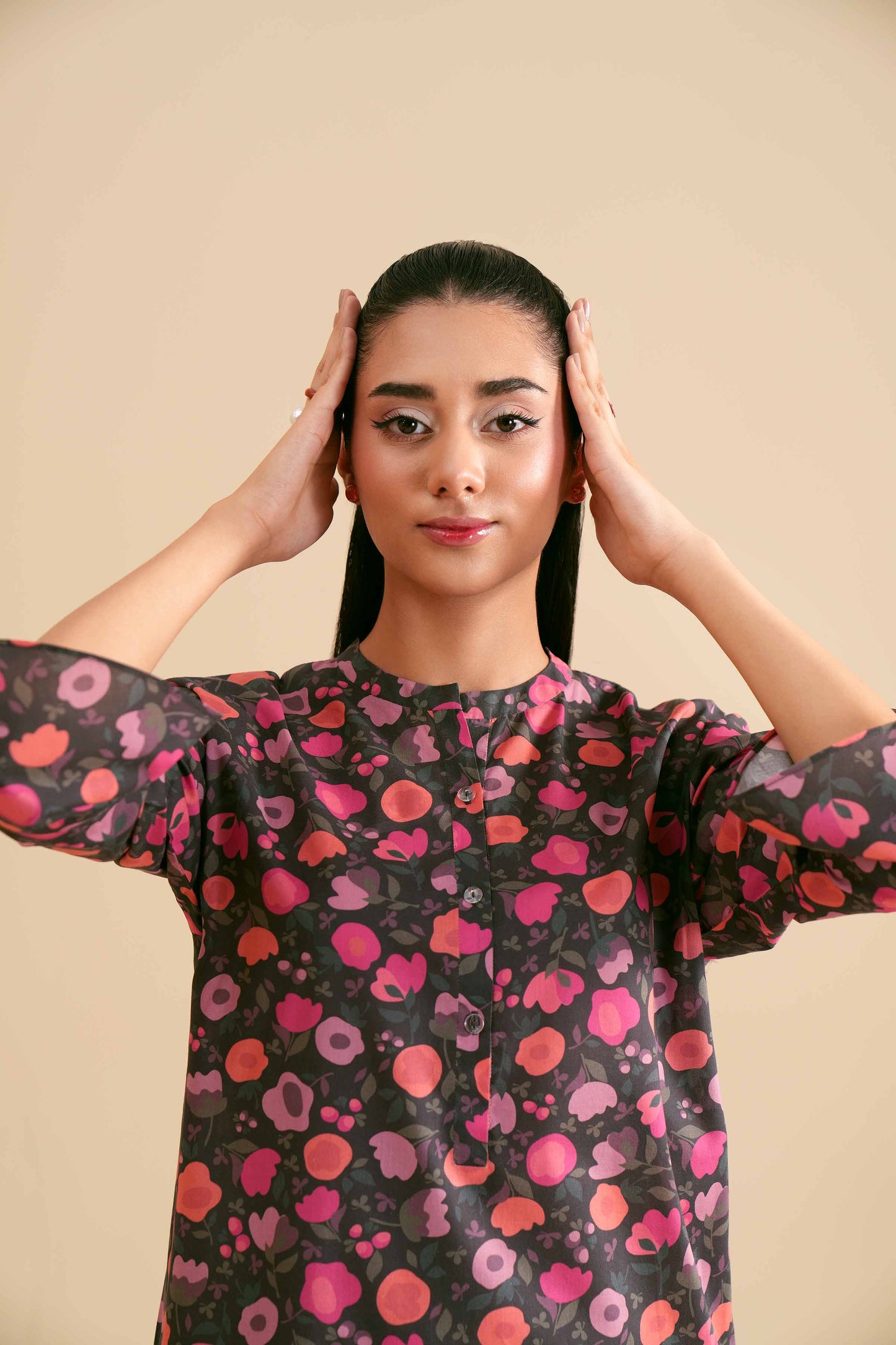 Dark Base Pink Bloom Print Kurta & Pant Co-ord