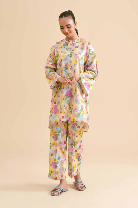Pastel Yellow Tropical Floral Printed 2-Piece Se