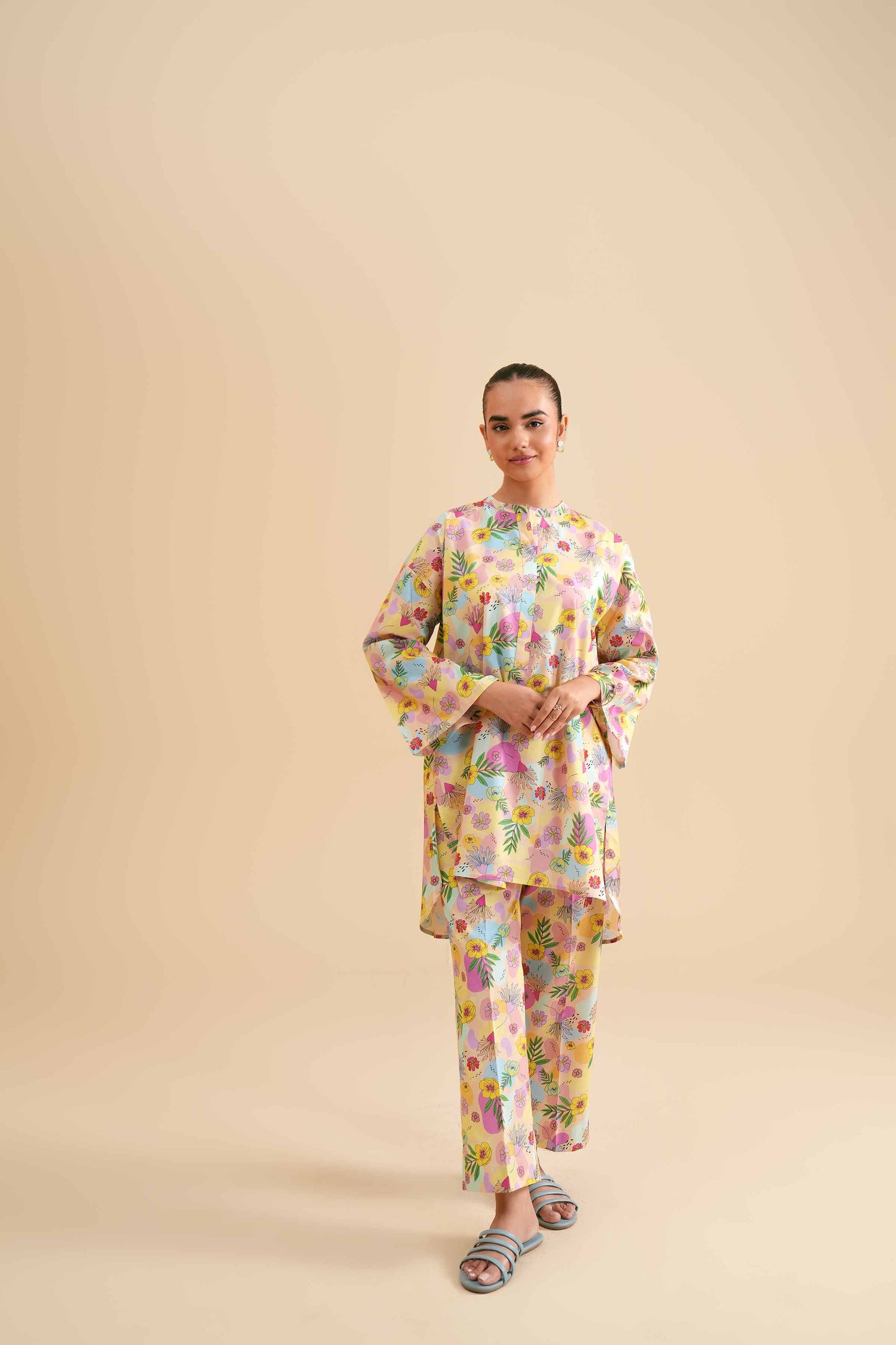 Pastel Yellow Tropical Floral Printed 2-Piece Se