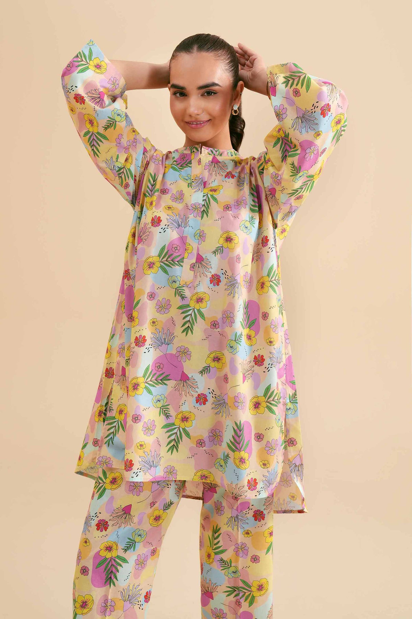 Pastel Yellow Tropical Floral Printed 2-Piece Se