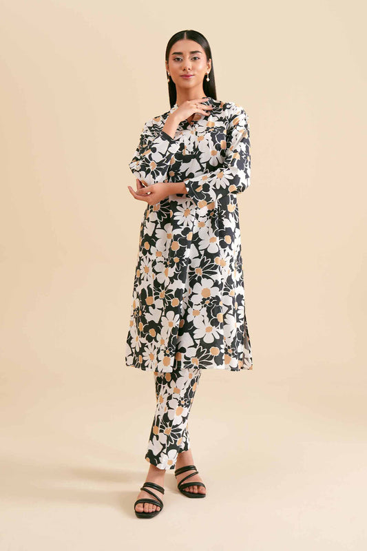 Monochrome Daisy Bloom Print Kurta & Pant Co-ord