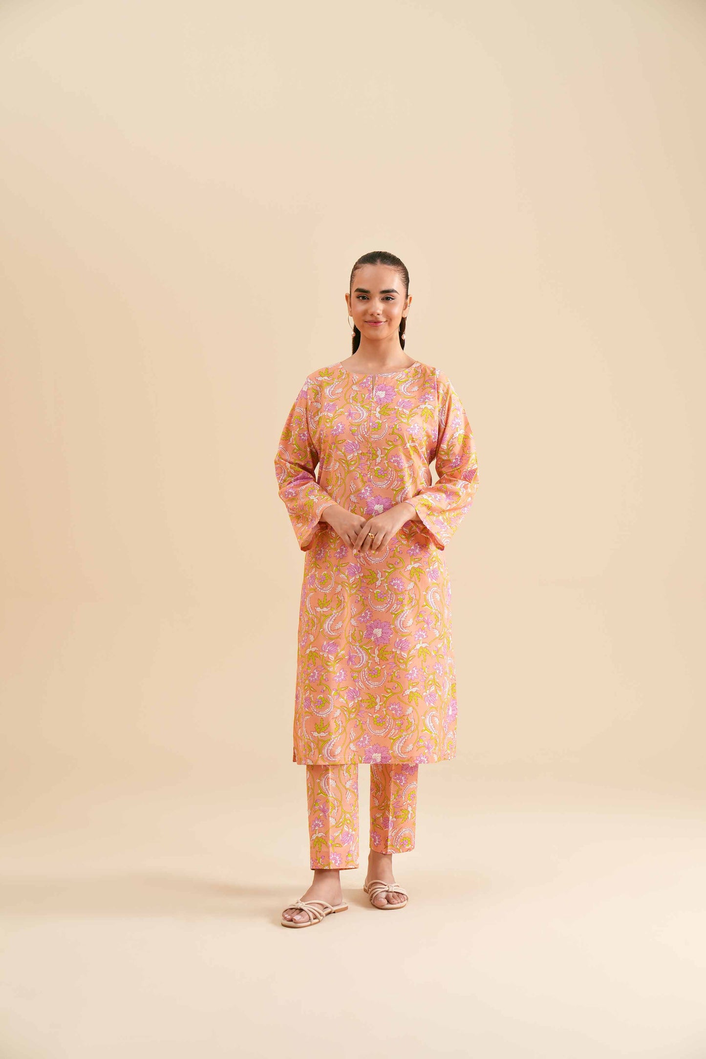 Pastel Peach Floral Paisley Kurta & Pant Set