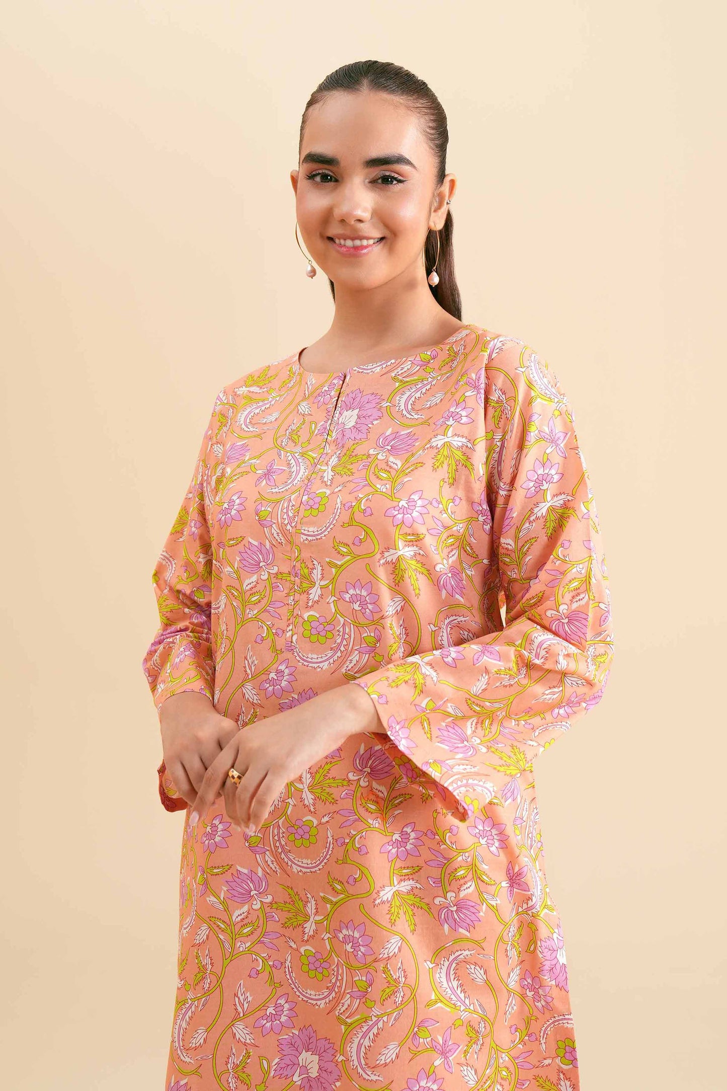 Pastel Peach Floral Paisley Kurta & Pant Set