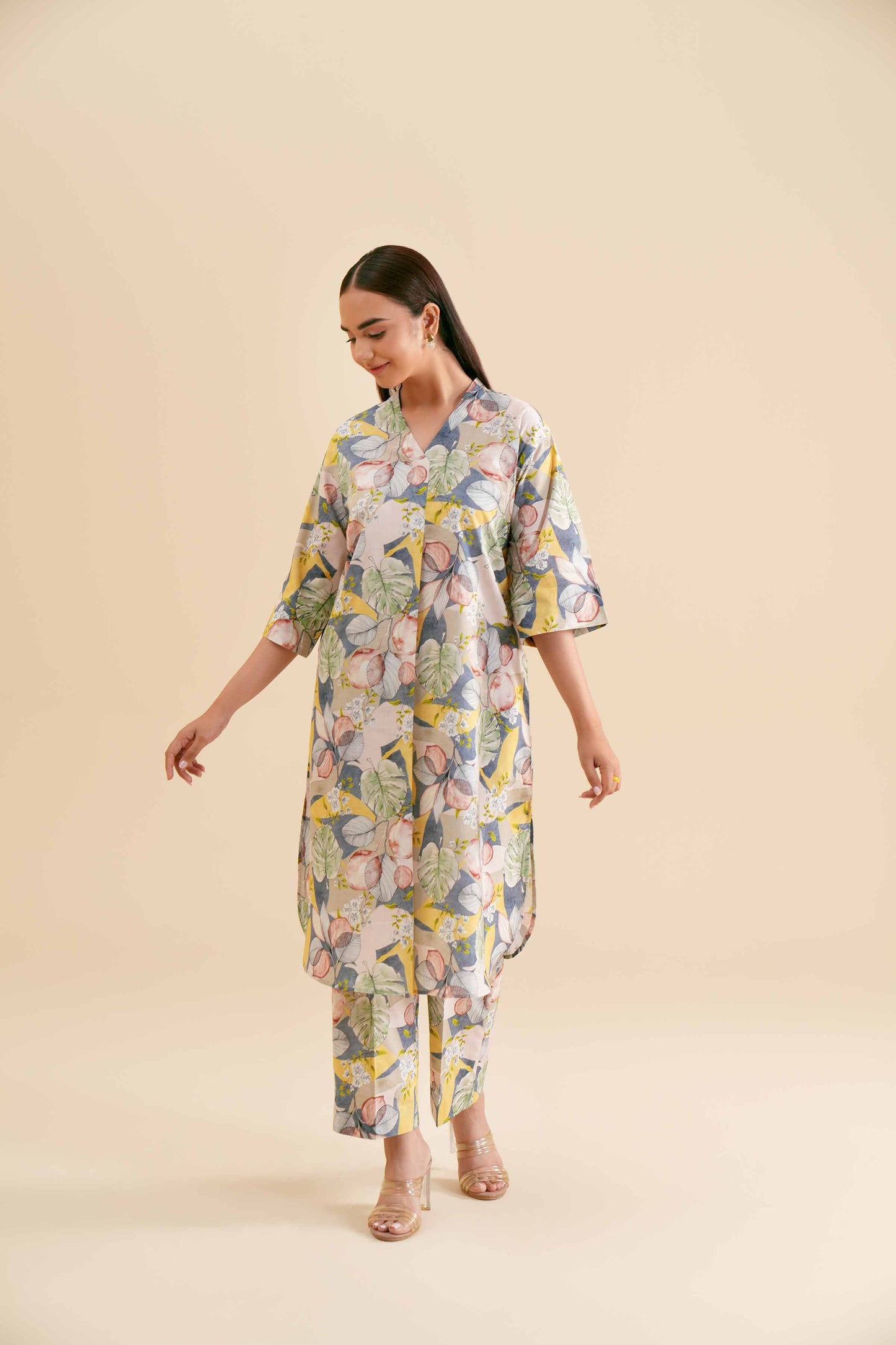 Pastel Tropical Leaf & Bloom Printed 2-Piece Set