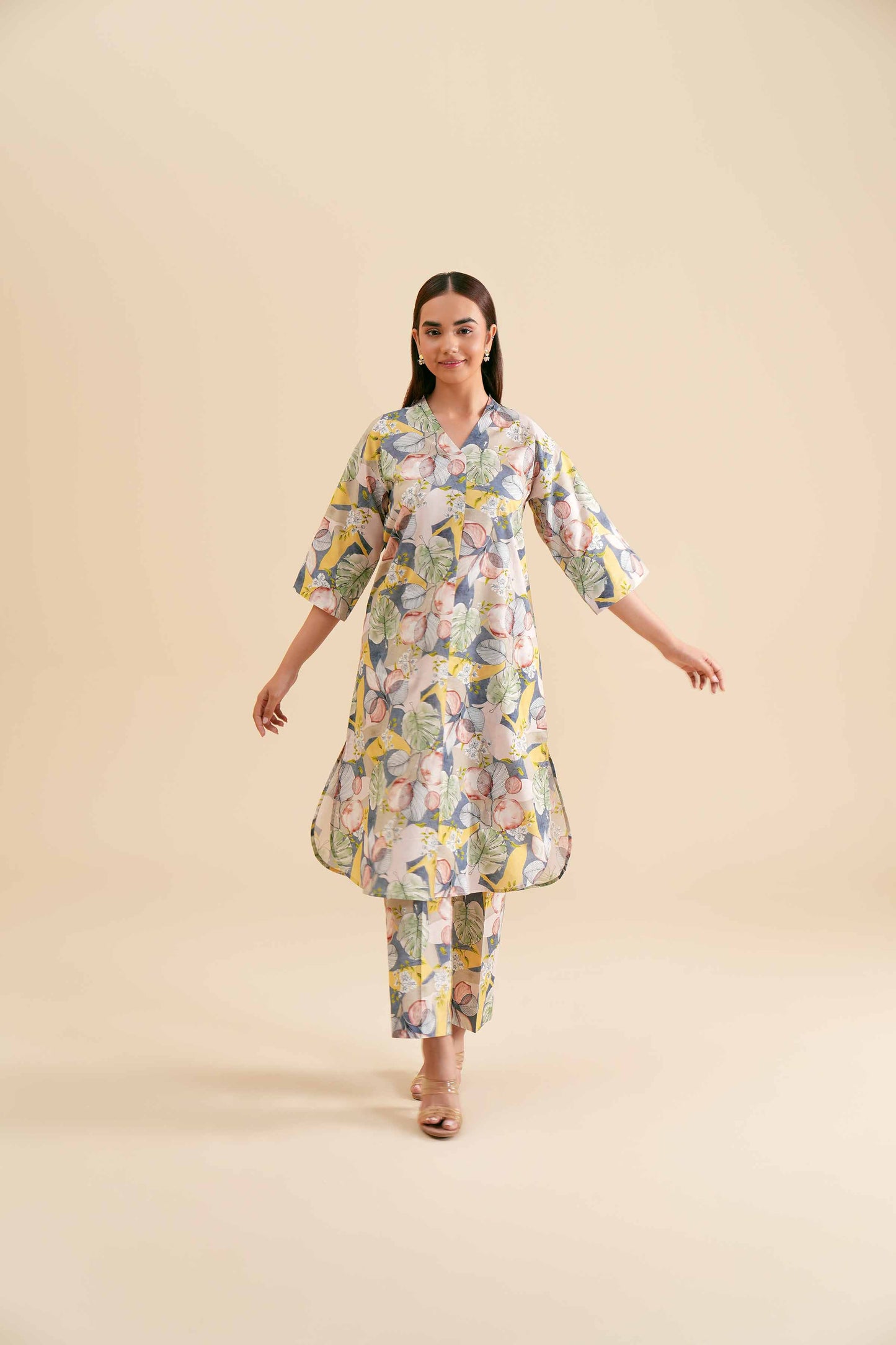 Pastel Tropical Leaf & Bloom Printed 2-Piece Set