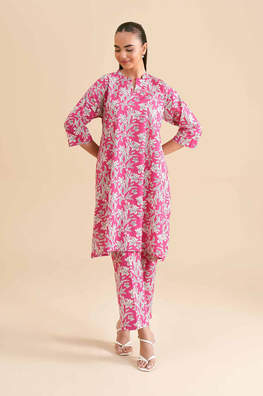 Bright Pink Botanical Print Kurta & Pant Co-ord