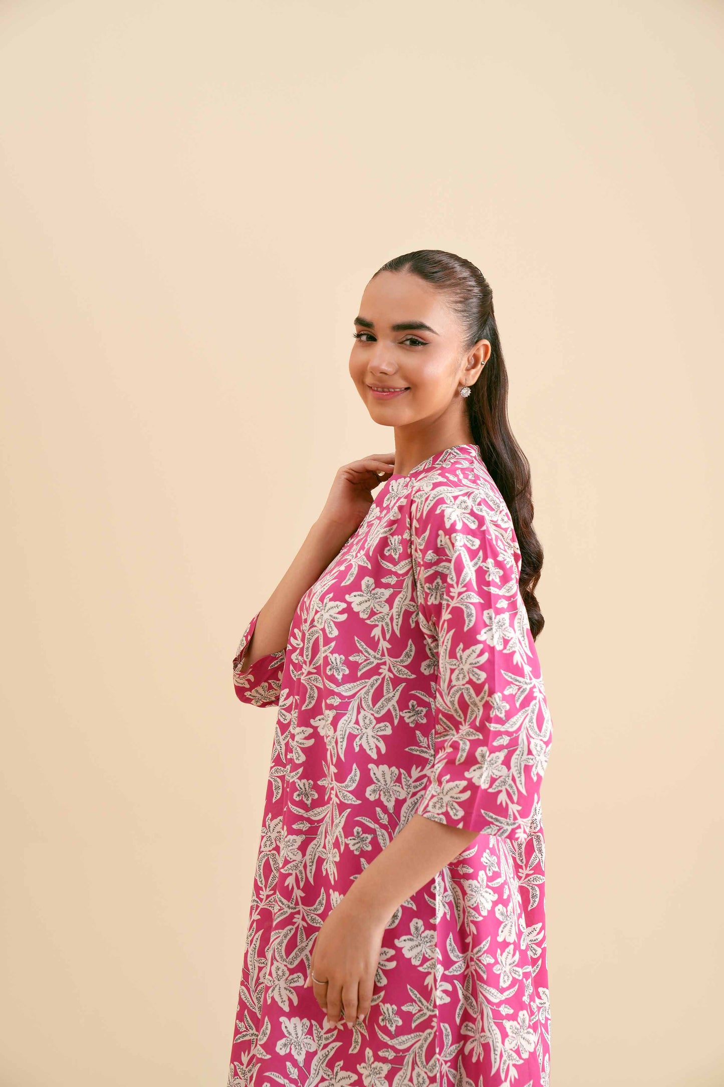 Bright Pink Botanical Print Kurta & Pant Co-ord