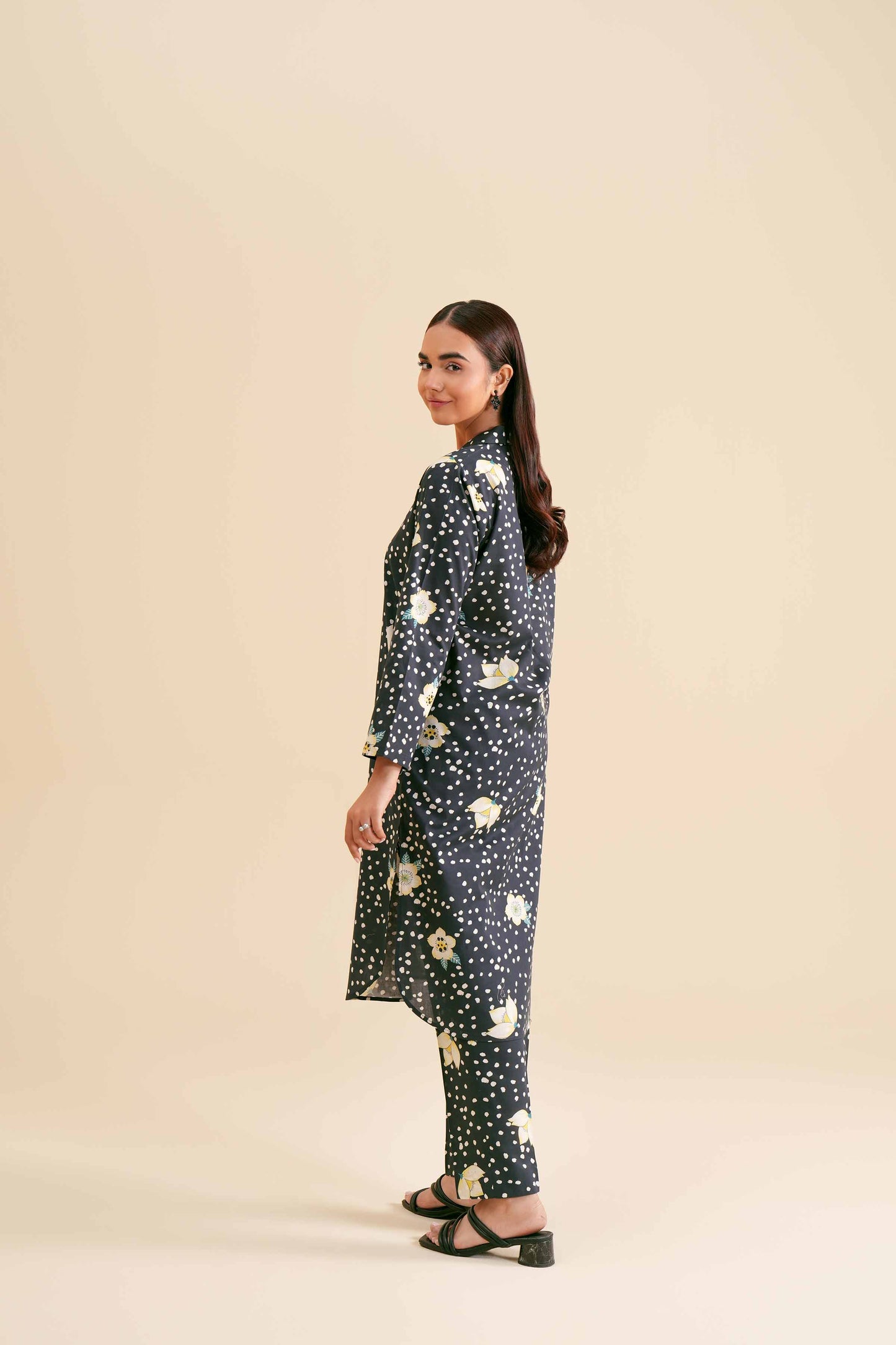 Monochrome Polka with White Blossom Print Co-ord