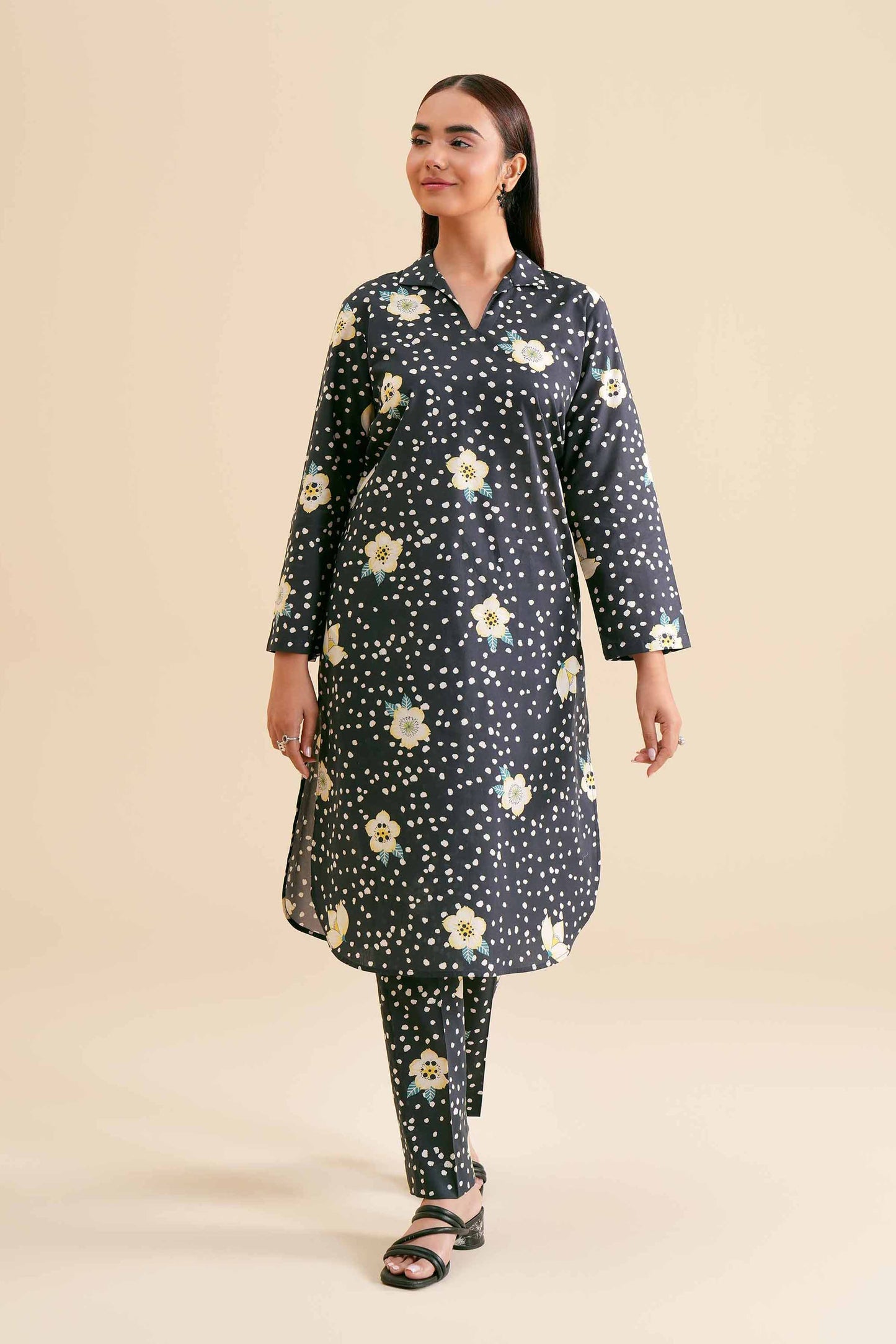 Monochrome Polka with White Blossom Print Co-ord