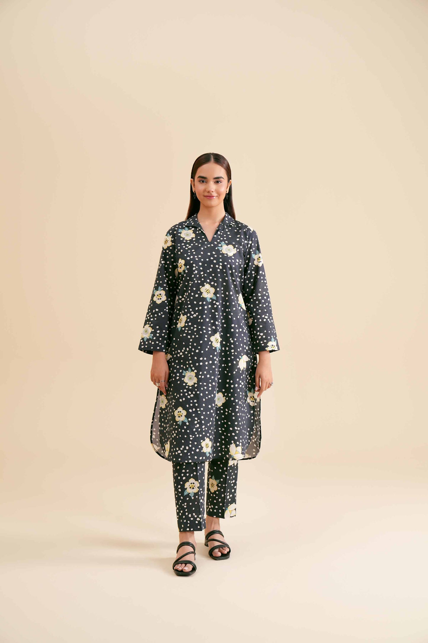 Monochrome Polka with White Blossom Print Co-ord
