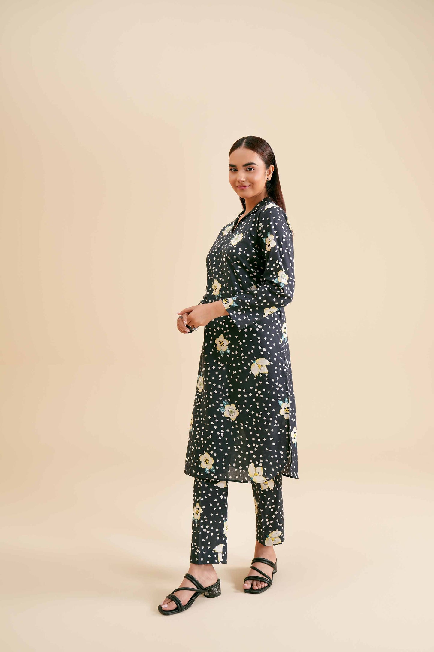 Monochrome Polka with White Blossom Print Co-ord