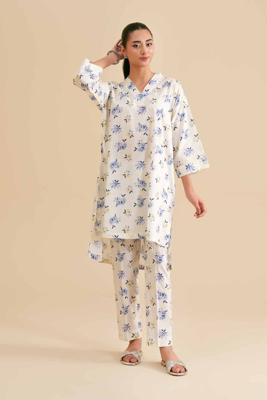 Soft Blue Floral Print Kurta & Pant Co-ord
