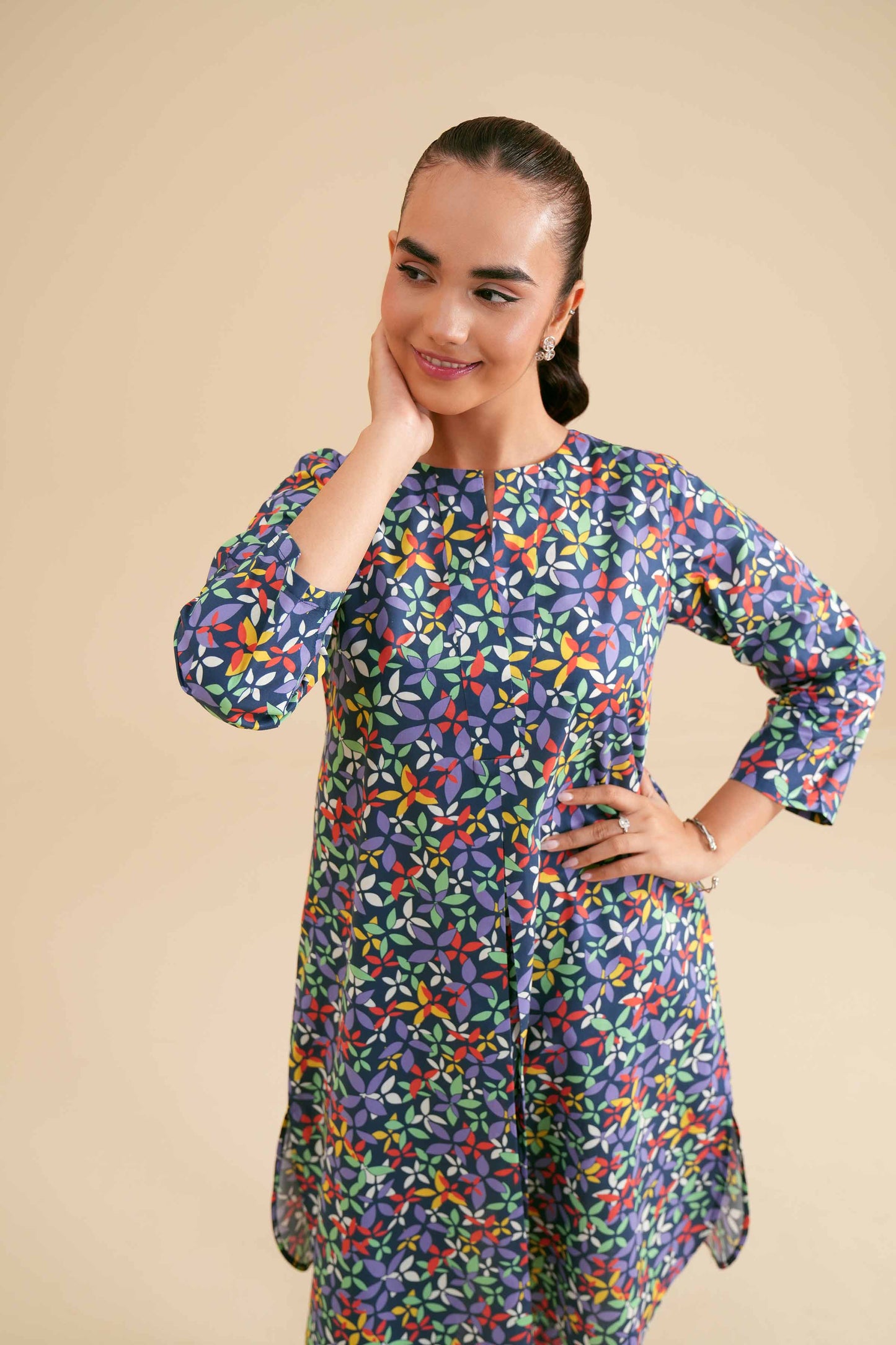Navy Multicolor Leaf Motif Printed 2-Piece Set