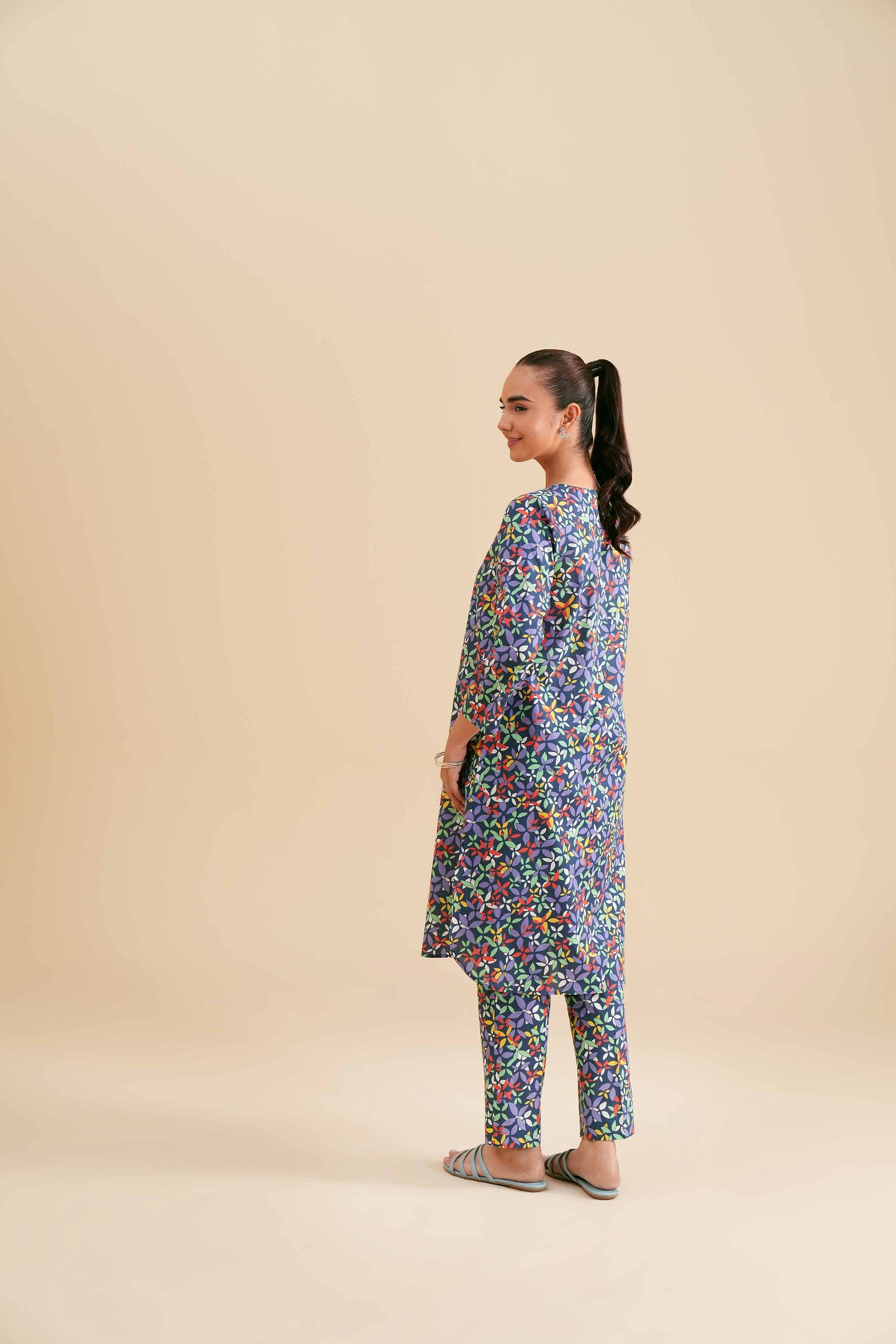 Navy Multicolor Leaf Motif Printed 2-Piece Set