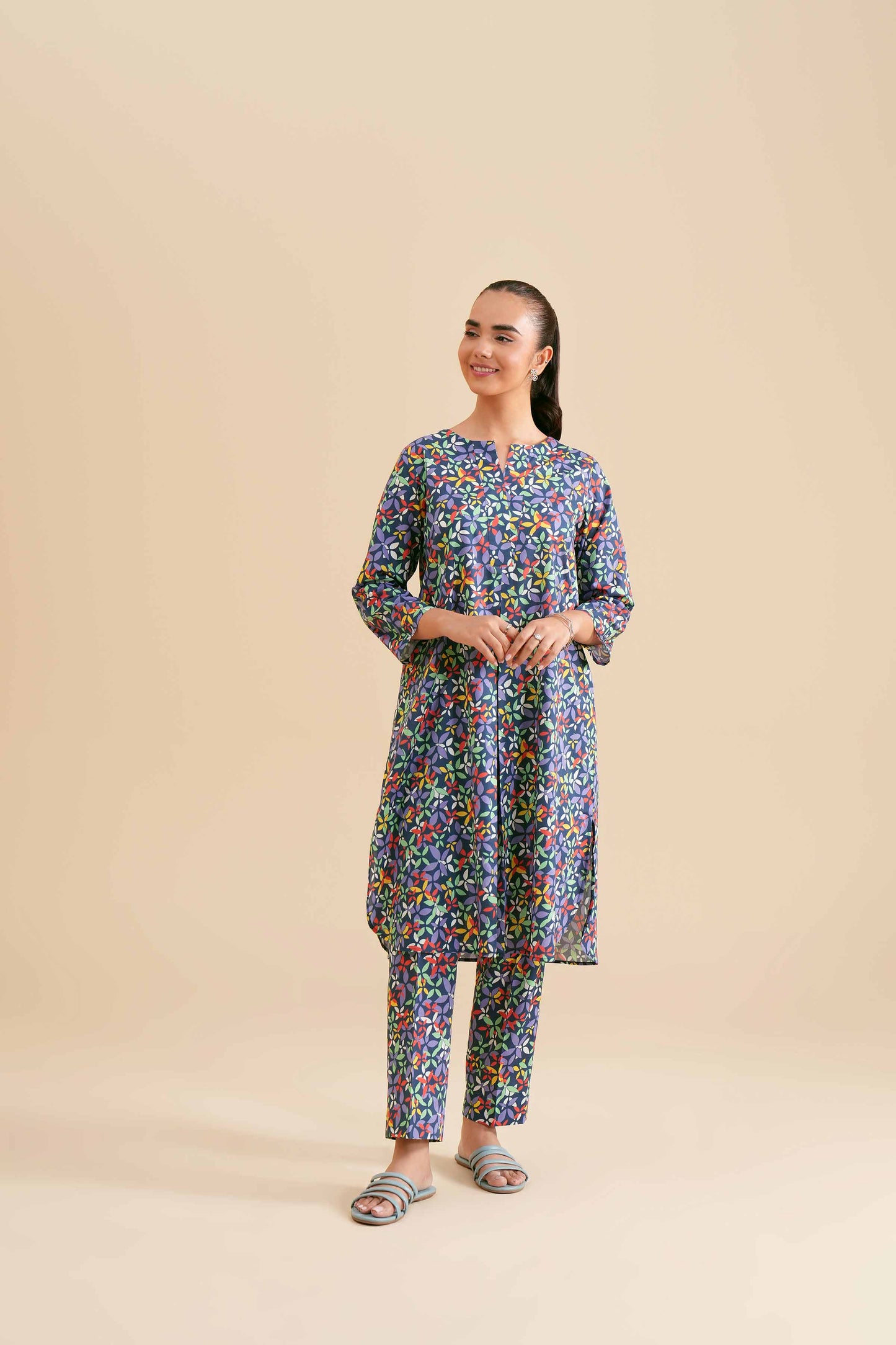 Navy Multicolor Leaf Motif Printed 2-Piece Set