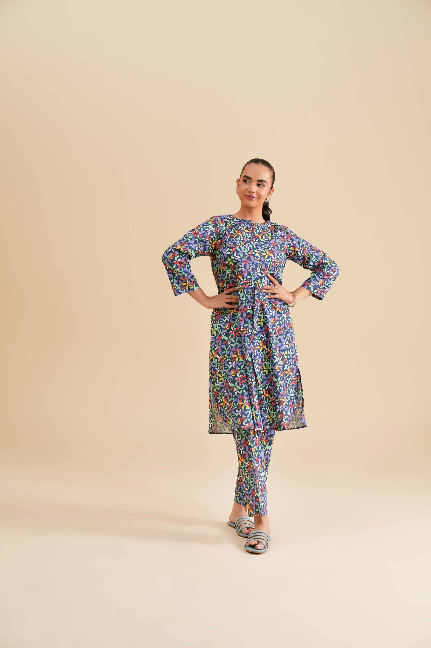 Navy Multicolor Leaf Motif Printed 2-Piece Set