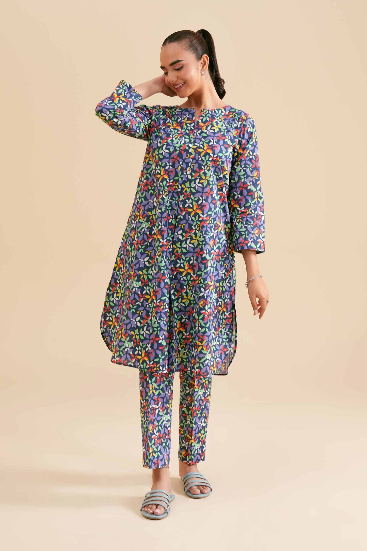 Navy Multicolor Leaf Motif Printed 2-Piece Set