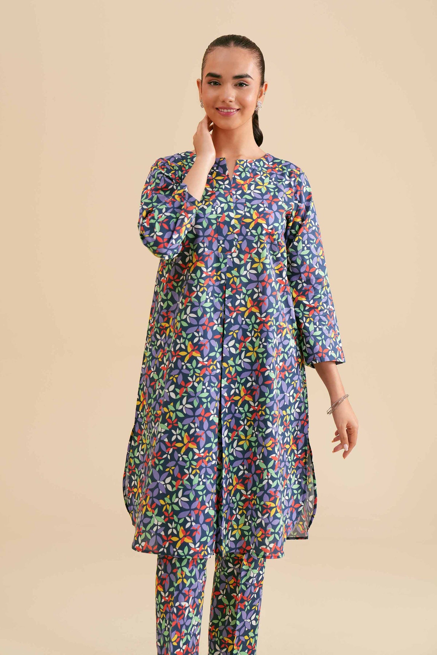 Navy Multicolor Leaf Motif Printed 2-Piece Set