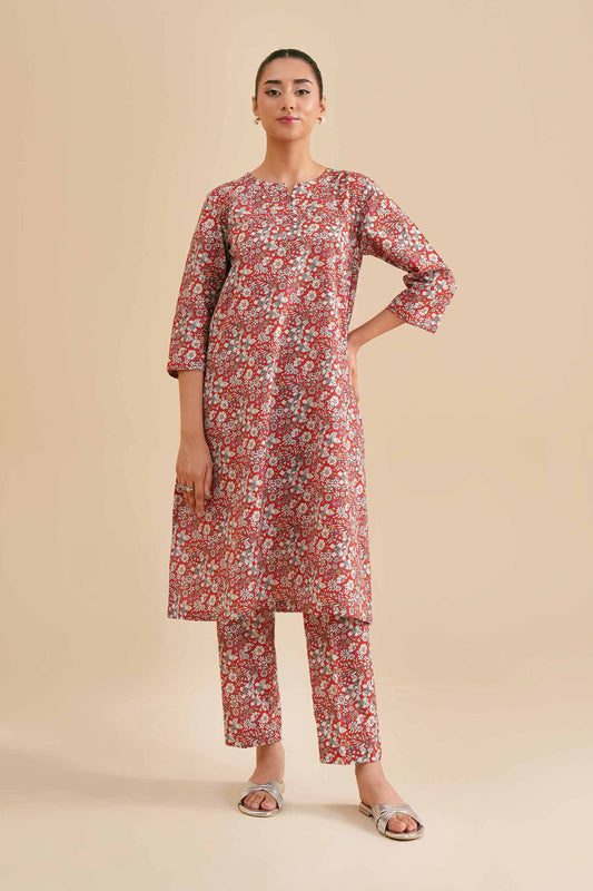 Crimson Bloom Ditsy Print Kurta & Pant Co-ord