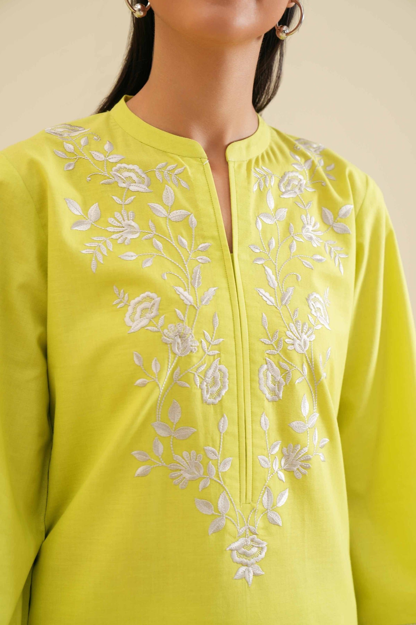 Lime Yellow Embroidered Neck & Cuff 2-Piece Set