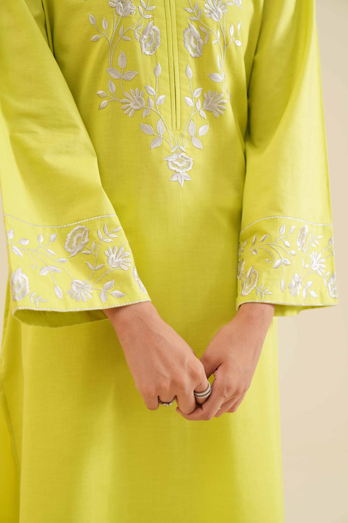 Lime Yellow Embroidered Neck & Cuff 2-Piece Set