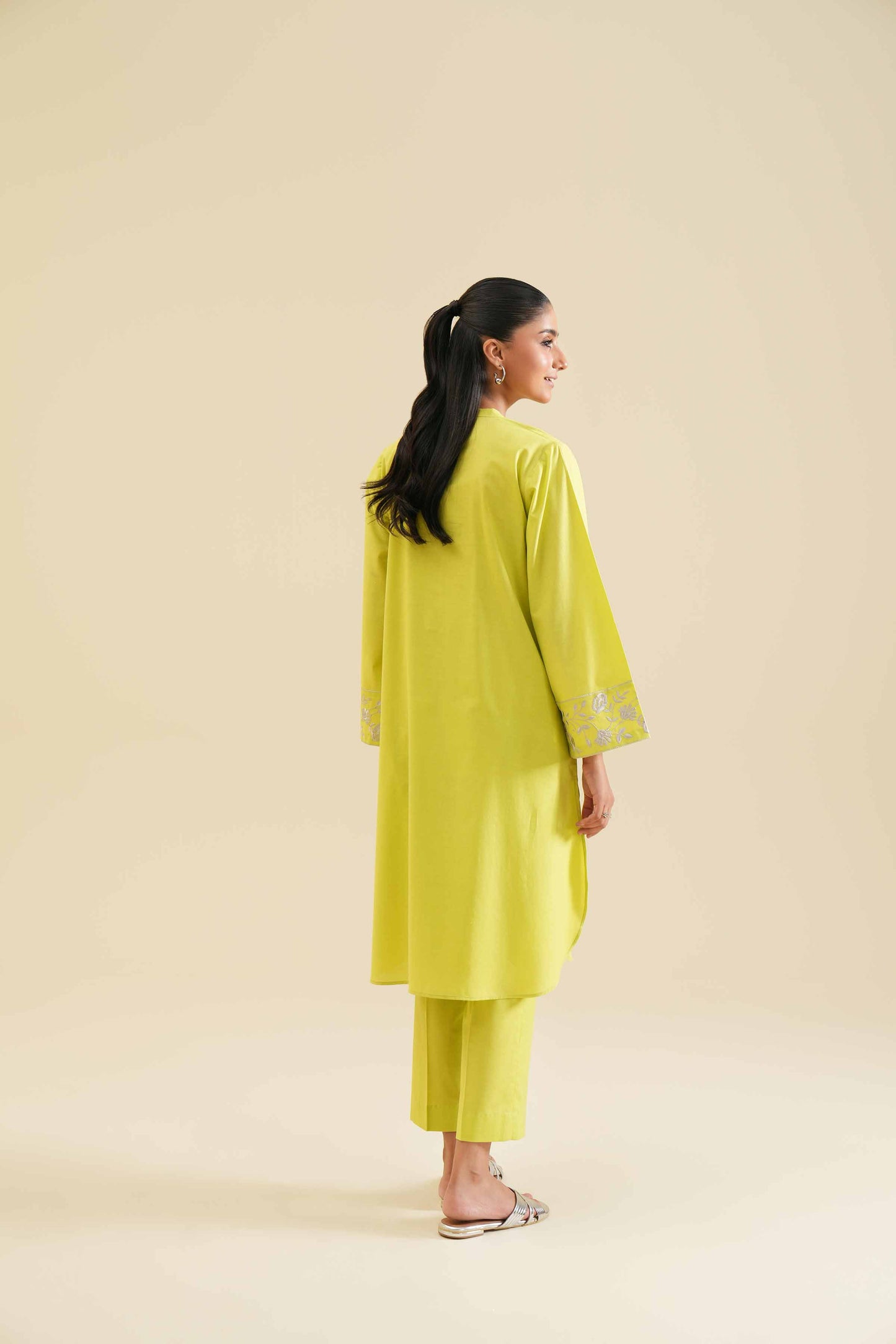 Lime Yellow Embroidered Neck & Cuff 2-Piece Set
