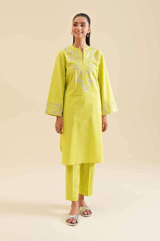 Lime Yellow Embroidered Neck & Cuff 2-Piece Set