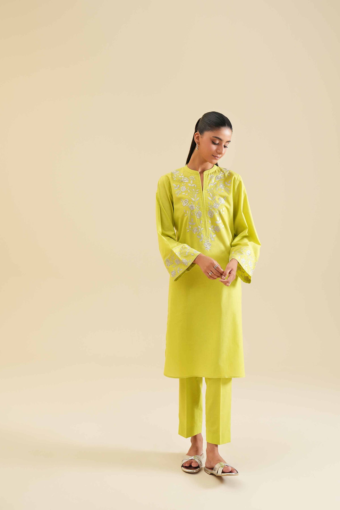 Lime Yellow Embroidered Neck & Cuff 2-Piece Set