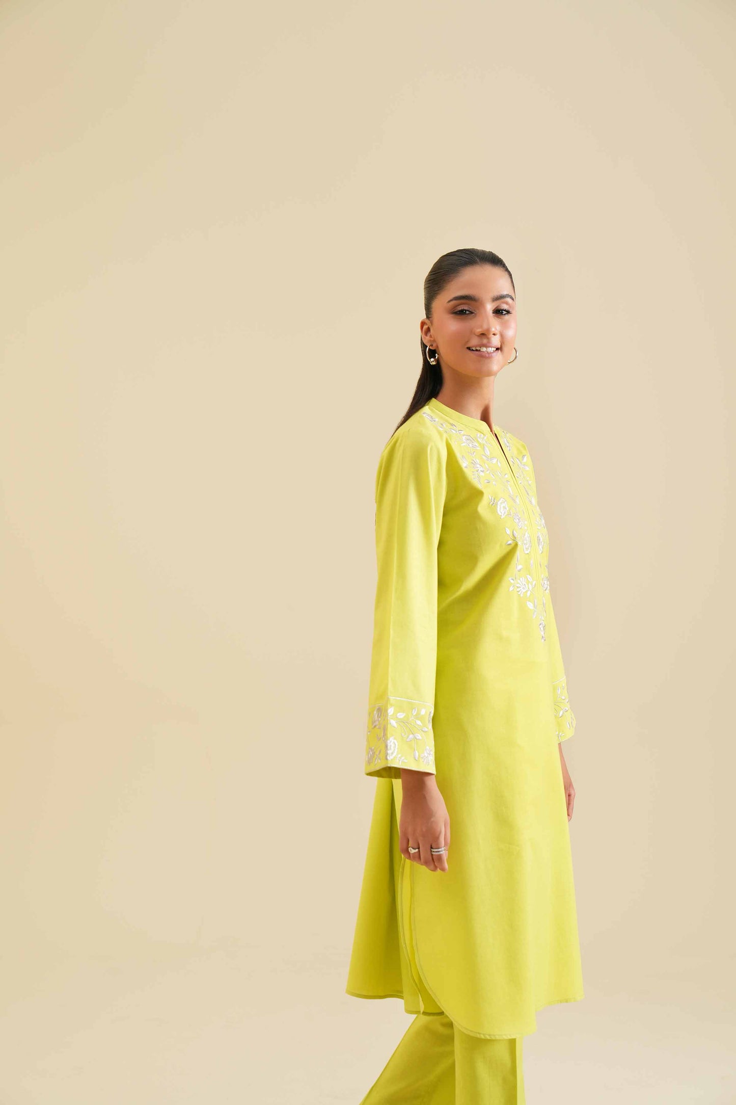 Lime Yellow Embroidered Neck & Cuff 2-Piece Set