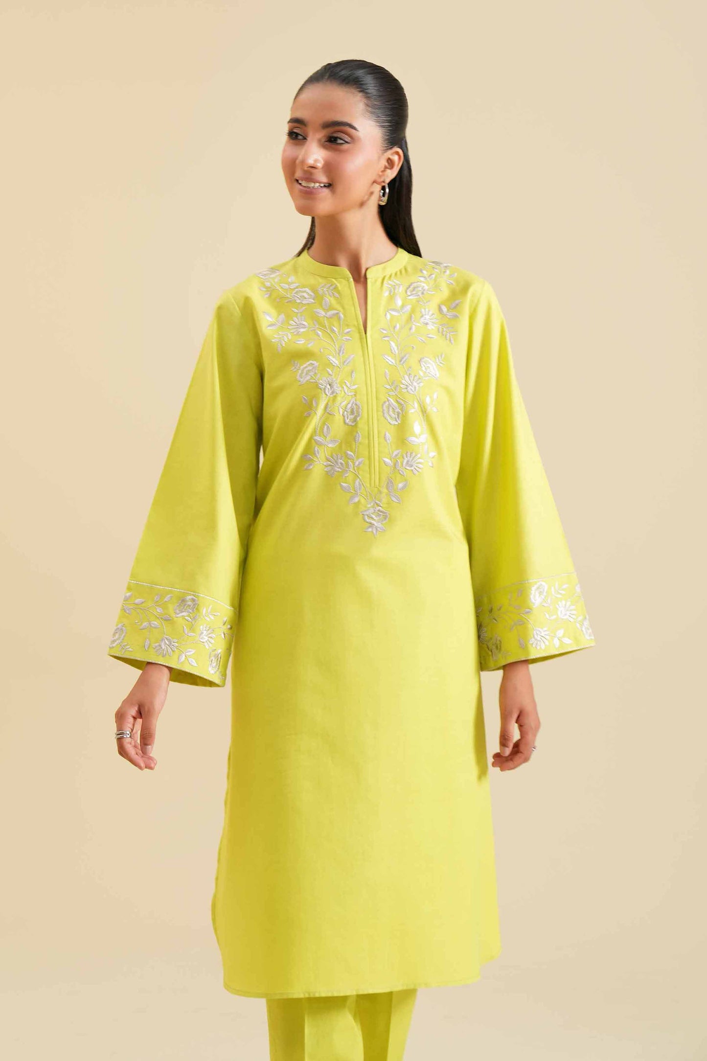 Lime Yellow Embroidered Neck & Cuff 2-Piece Set