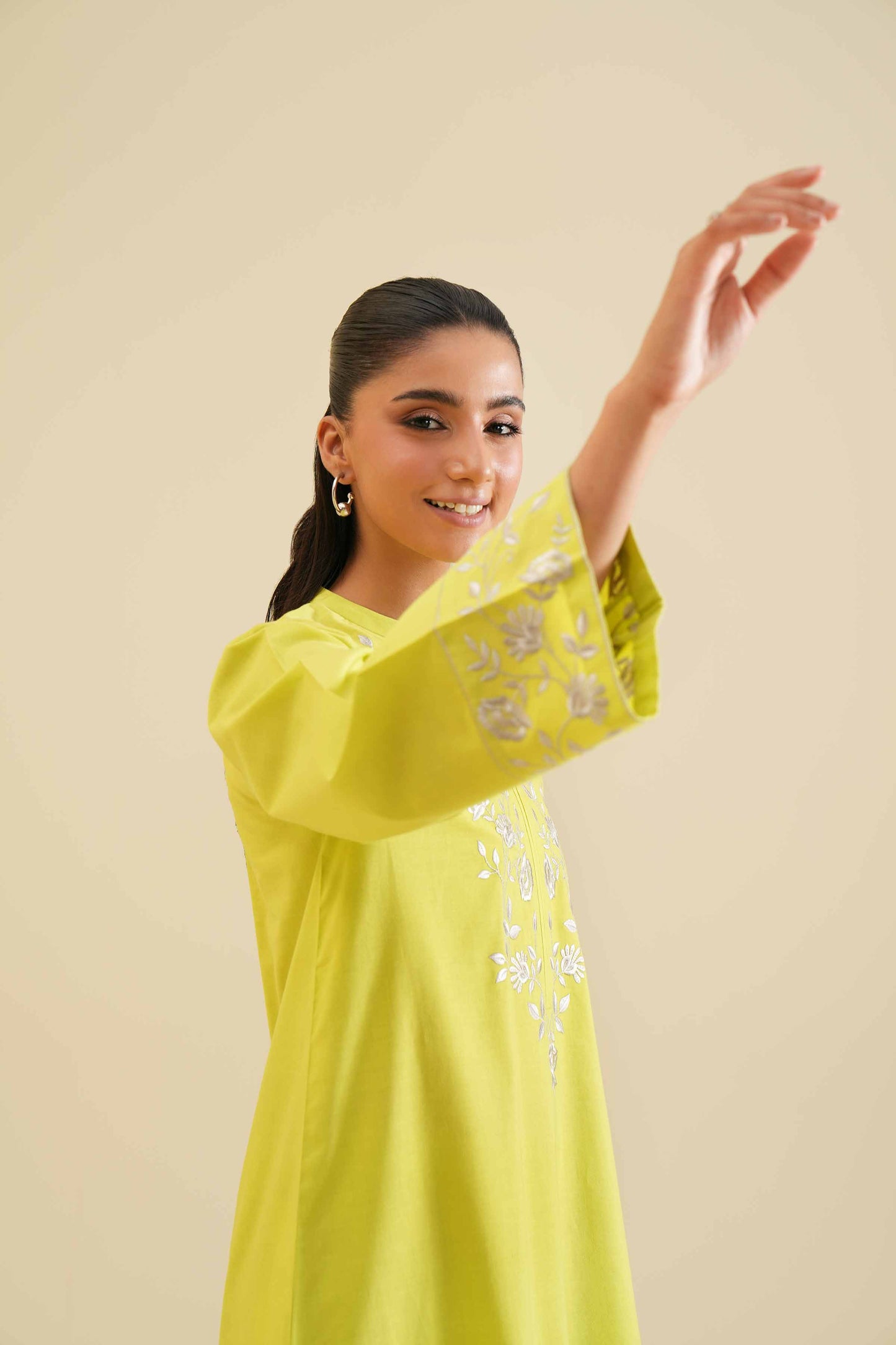 Lime Yellow Embroidered Neck & Cuff 2-Piece Set