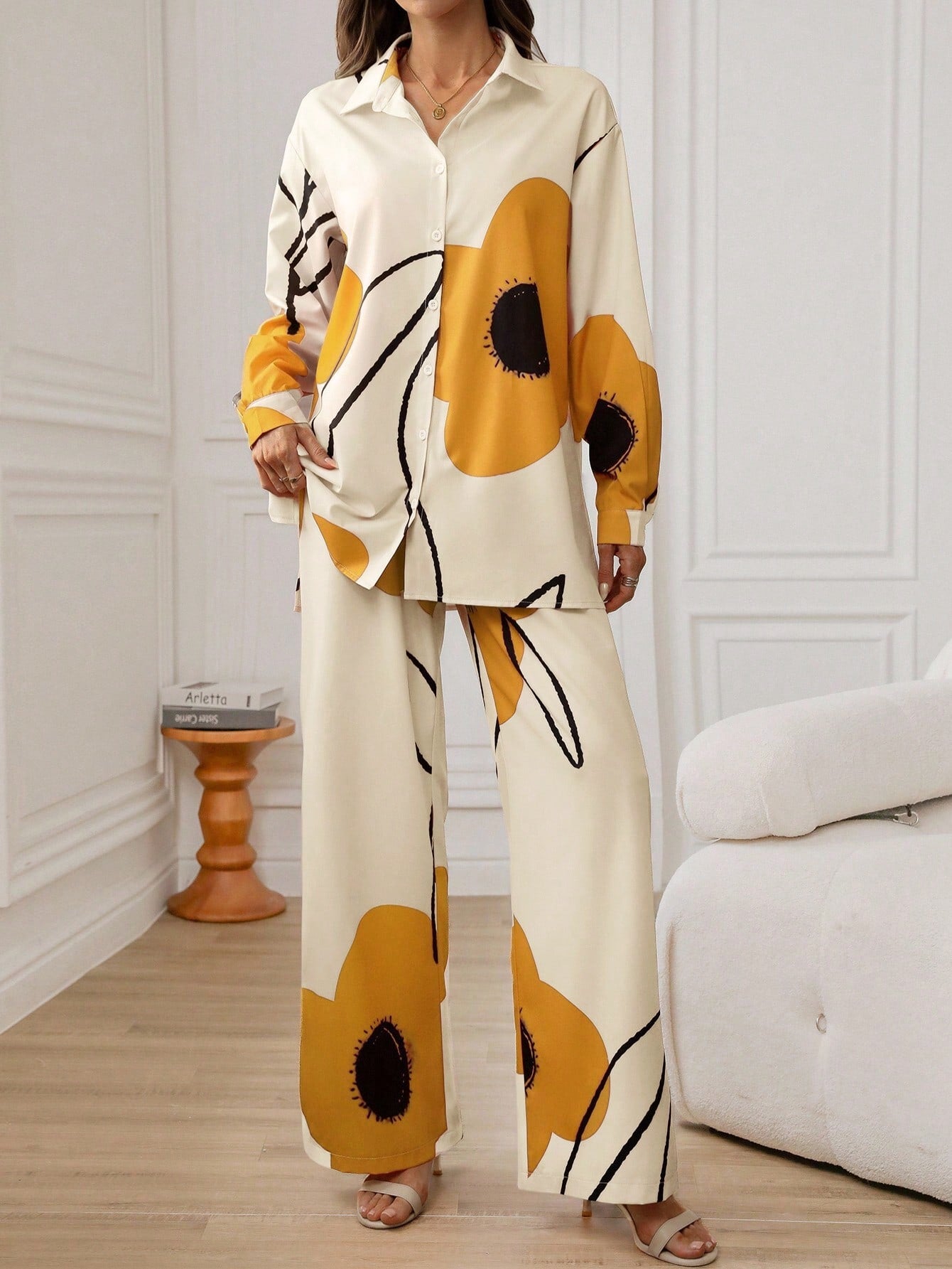 Yellow 2pcs Women's Floral Print Long Sleeve Co-ord Set