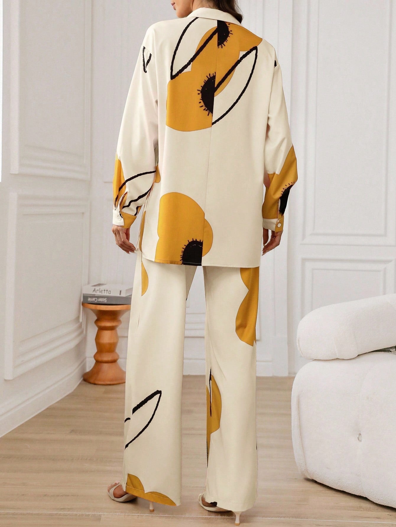 Yellow 2pcs Women's Floral Print Long Sleeve Co-ord Set
