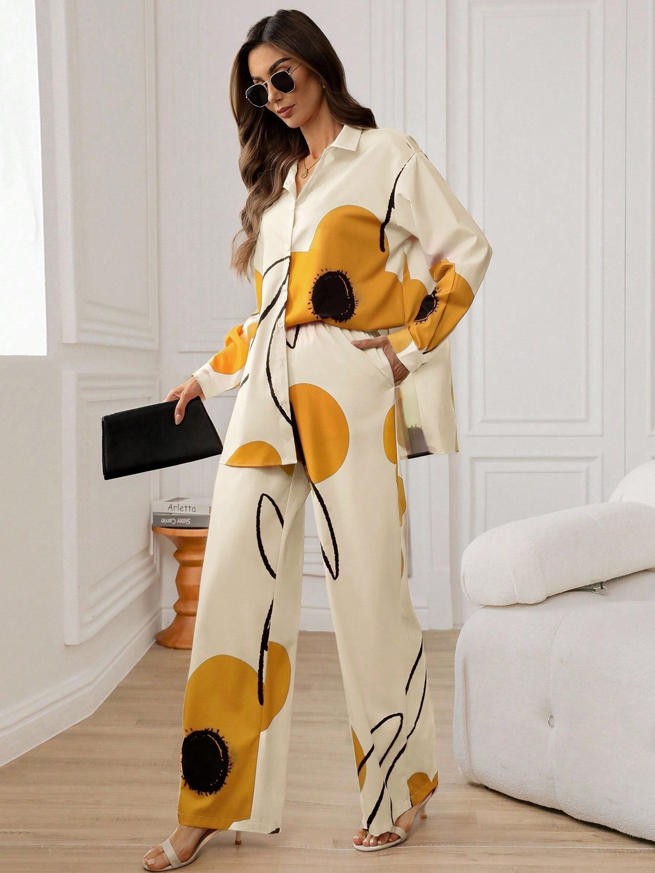 Yellow 2pcs Women's Floral Print Long Sleeve Co-ord Set
