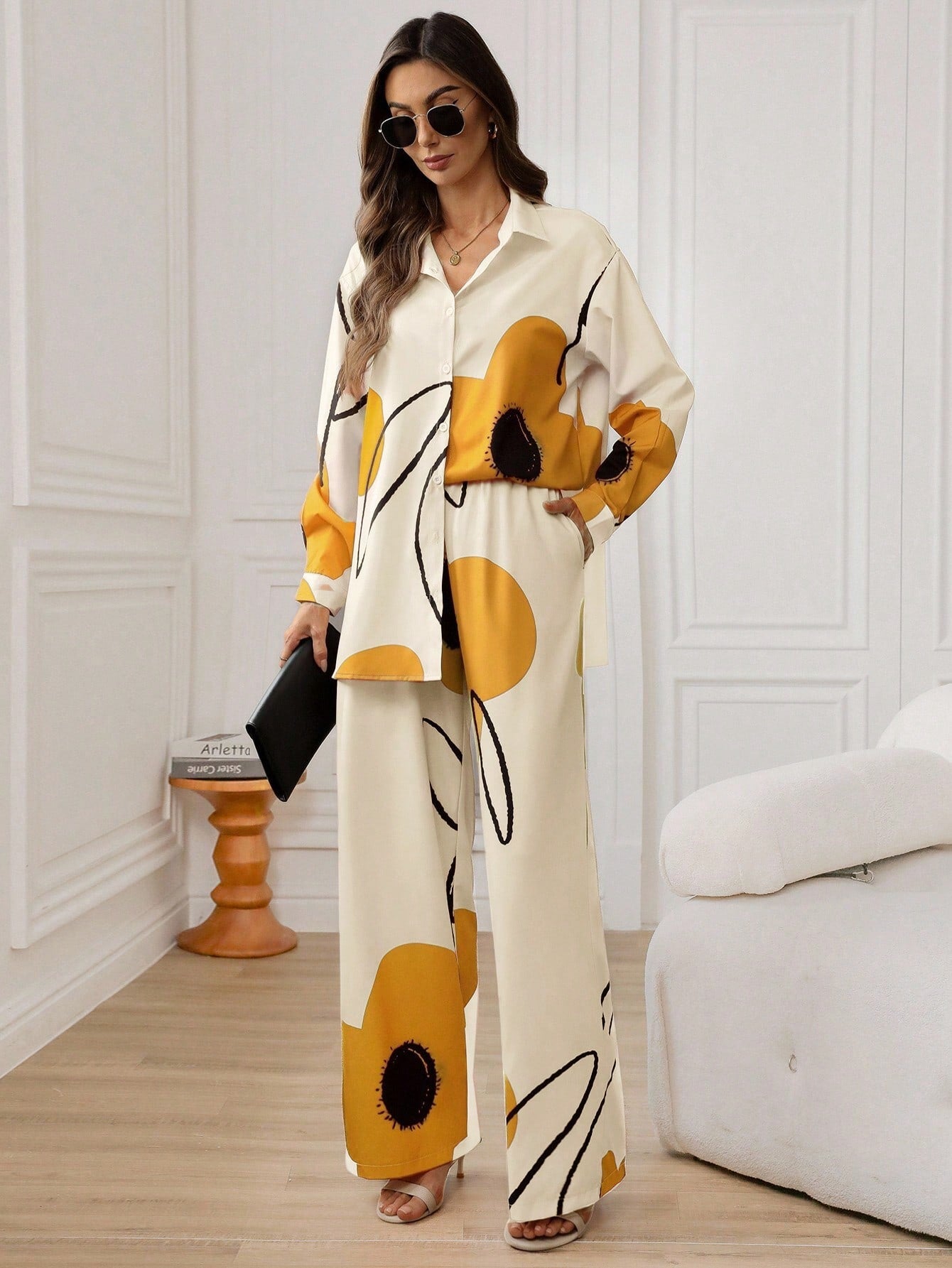 Yellow 2pcs Women's Floral Print Long Sleeve Co-ord Set