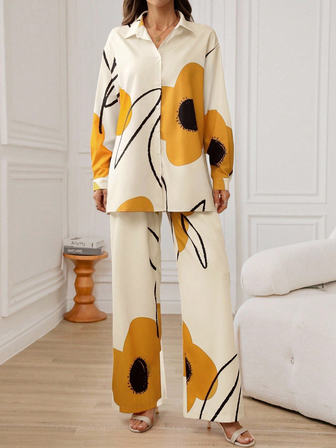 Yellow 2pcs Women's Floral Print Long Sleeve Co-ord Set