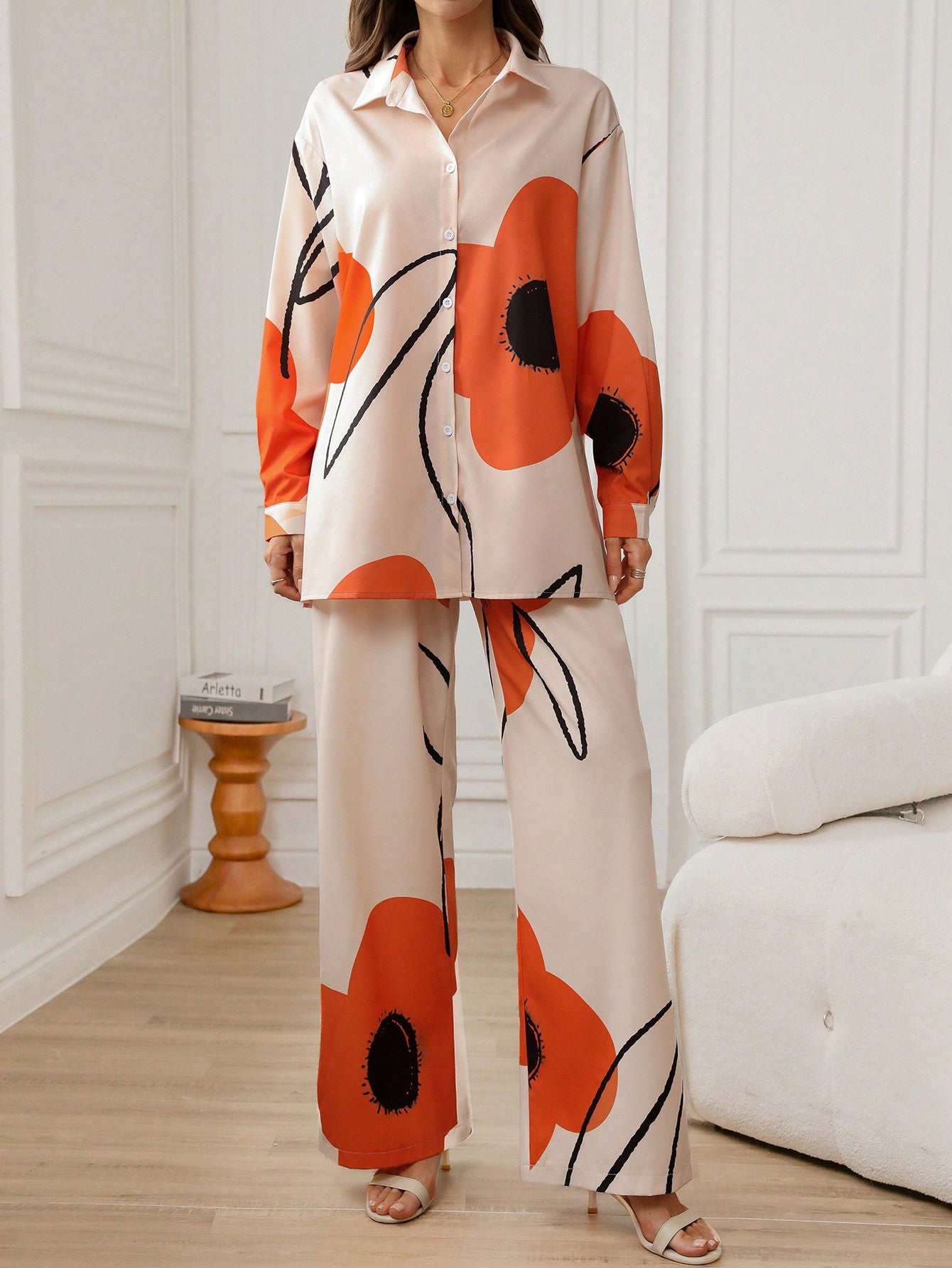 Multicolor 2pcs Women's Floral Print Long Sleeve Co-ord Set